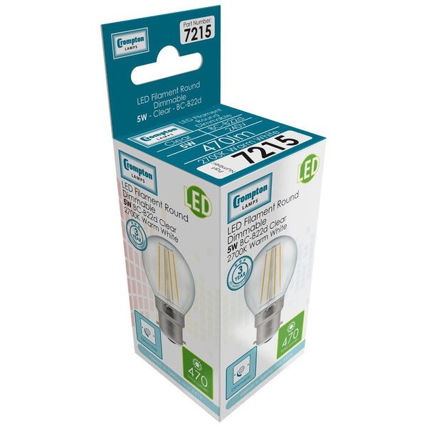 LED Round Filament Clear • Dimmable • 5W • 2700K • BC-B22d